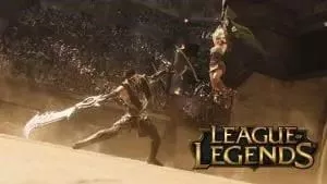 League of Legends champions Draven and Riven fight in a gladiator arena with the LoL logo in the corner