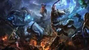 Art of a variety of League of Legends champions fighting an epic battle