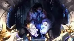 The splash art for League of Legends champion Sylas, a man with chains on his wrists and blue magic energy emitting from his hands