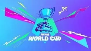 Логотип Fortnite World Cup с боевым автобусом и трофеем