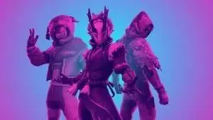 Three Fortnite characters in hooded outfits appear posing together with a purple and blue shade over them