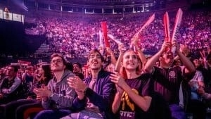 Cheering fans fill the stadium to watch the LoL Worlds 2019 Quarterfinals