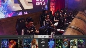 Royal Never Give Up behind their monitors as they draft against Geek Fam at the Bukovel Minor