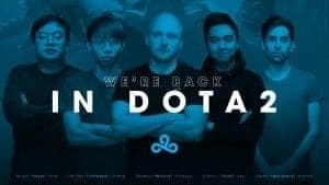 Cloud9's new Dota 2 roster pose facing the camera with arms folded across their chests