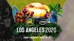 The promotional image for ESL Los Angeles, the heroes Ember Spirit, Axe, Lina and Crystal Maiden stand on a beach at sunset surrounded by palm trees and blue waters