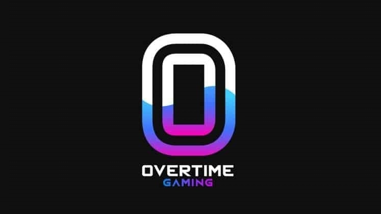 Новый игровой логотип Overtime, трафарет O в черно-белом цвете с пурпурно-синей волной, венчающей нижнюю половину буквы.