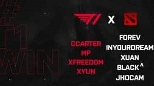 A graphic announcing T1's Dota 2 Squad. The T1 and Dota 2 logos appear on a black background with an x between them. The names of coaching staff appear in red and the players tags appear in white text.