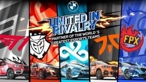 5 different BMWs detailed in team colors, are parked side by side. Above them are each teams logo and the words United in Rivalry. At the very top is the BMW logo.