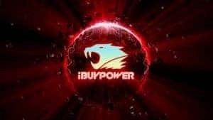 The iBUYPOWER logo, a stylized silver wildcat with its mouth open in a roar. A bright red ring of electricity surrounds it.