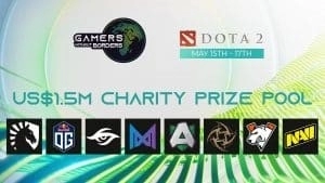 The promotional image for the Gamers Without Borders Dota 2 event, showing the organisations logo alongside the team logos of all eight participating teams