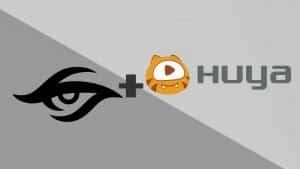 The Team Secret logo, a stylized eye sits next to the Huya logo, a one-eyed cat with a play symbol as it's pupil. A plus sign connects them.