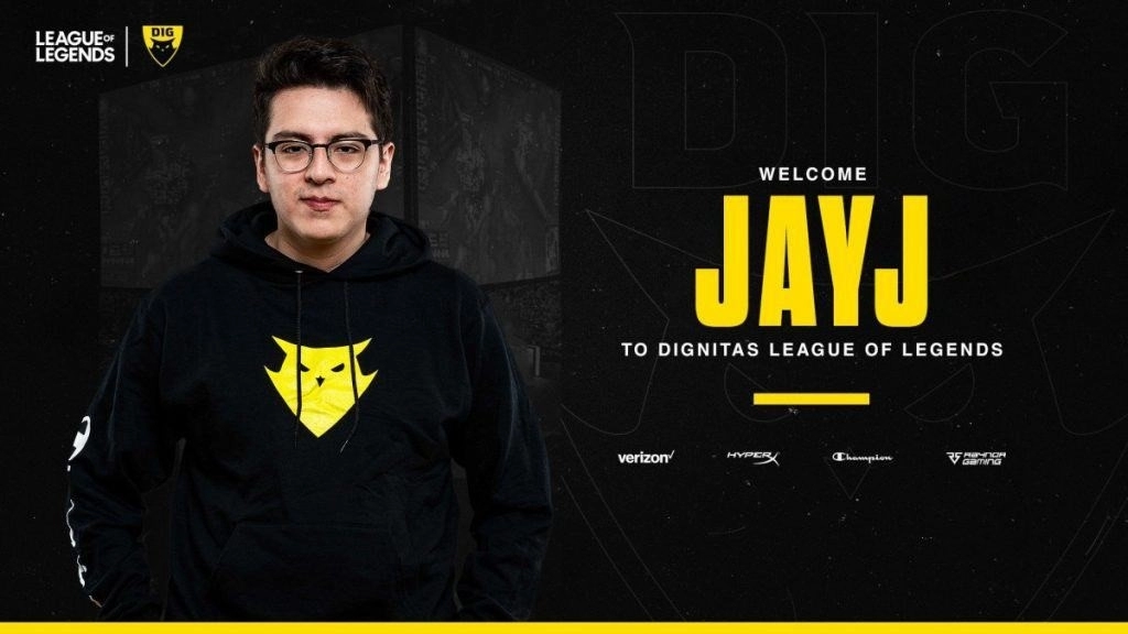 JayJ ухмыляется с текстом «Добро пожаловать JayJ в Dignitas League of Legends»