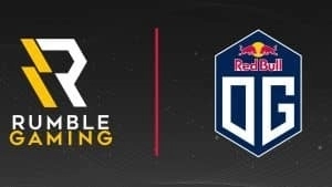 The logo for Rumble Gaming, a yellow and white R stylized to appear like a lightning bolt. Alongside is the OG logo, a blue shield with the distinctiv white square OG lettering beneath the Red Bull company logo.