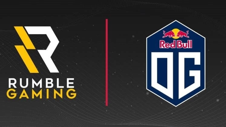 Логотип Rumble Gaming, желто-белая буква R, стилизованная под молнию.  Рядом находится логотип OG, синий щит с характерной белой квадратной надписью OG под логотипом компании Red Bull.