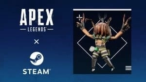 Octane from Apex Legends is shown wearing a crab on his head with the Apex Legends logo and Steam logo to the left