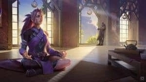 Disciple Wei sits meditating inside the temple while her mentor, Antimage, watches leaning against a nearby window.