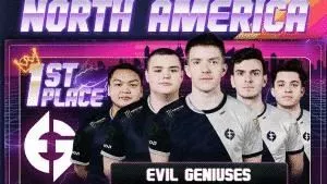 Состав Evil Geniuses CS:GO вместе со словами North America, 1st place и Evil Geniuses на экране