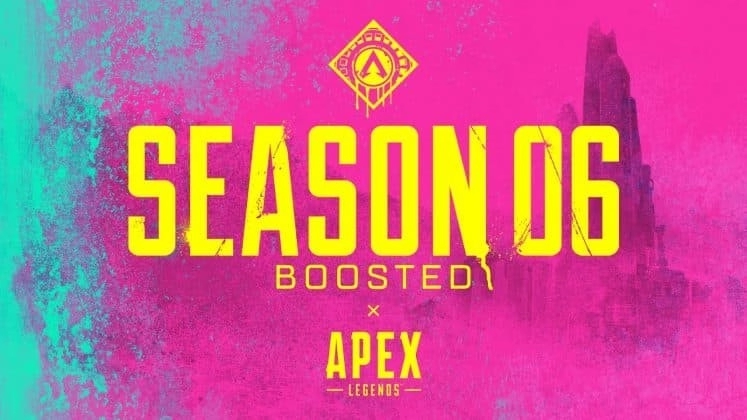 Текст «Season 06 Boosted Apex Legends» появляется на розово-голубом фоне пустынного ландшафта.