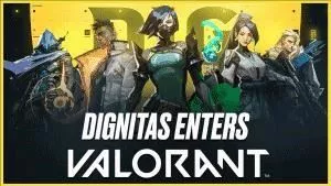 A group of Valorant agents stand in front of a large Dignitas logo with the worlds 