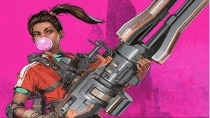 Apex Legends character Rampart holding a massive gun and blowing a bubble with gum