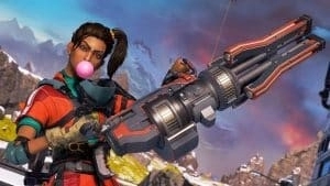 Apex Legends character Rampart holding a huge gun and blowing a bubble with gum