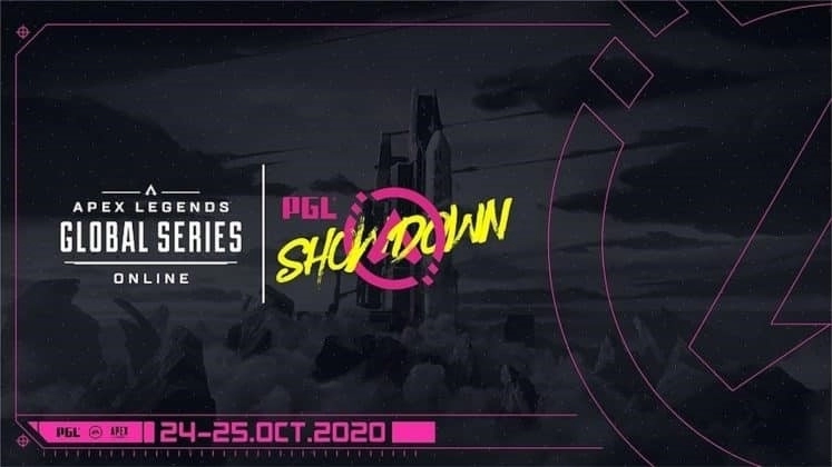 Черно-белое изображение карты Apex Legends, слова «PGL Showdown» выделены неоновыми розовыми и желтыми буквами в стиле граффити.