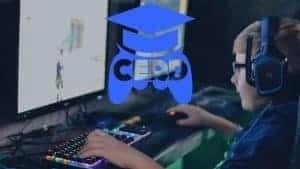 A young gamer sits at the PC wearing a headset and playing an online game. The CERD logo, a gaming controller with a mortarboard on top, appears in the centre of the image