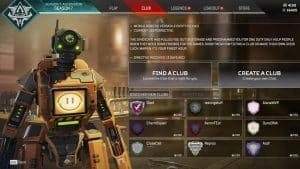 A robot from Apex Legends stands in a factory with menus open for players to find or create clubs along with all of the other menus for the game on top