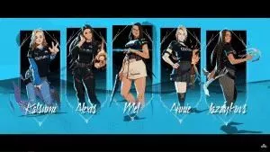 The new Cloud9 Valorant White roster of Alexis “alexis” Guarrasi, Annie “Annie” Roberts, Jasmine “Jazzyk1ns” Manankil, “Katsumi”, and Melanie “meL” Capone appears as animated versions of themselves holding unique Valorant character abilities with their names below them on a blue background