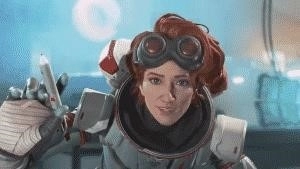 Apex Legends legend Horizon looking right at the camera and holding a syringe in a medical office