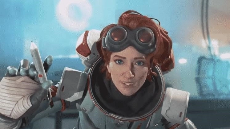 Легенда Apex Legends Горизонт смотрит прямо в камеру и держит шприц в медицинском кабинете