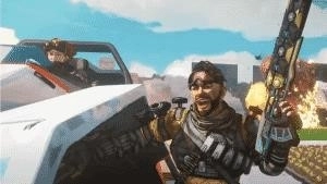 Apex Legends characters Horizon and Mirage race a futuristic car through a suburban area