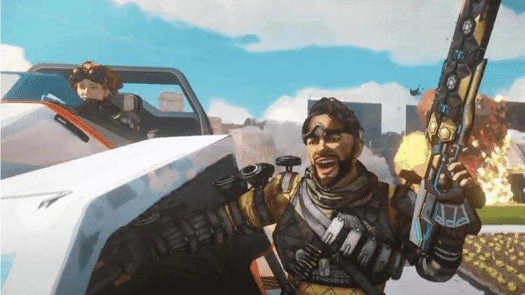 Персонажи Apex Legends Горизонт и Мираж мчатся на футуристическом автомобиле по пригороду.