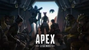 A promotional image for Apex Legends, featuring the game's roster of Legends, including Pathfinder, Lifeline and Bangalore about to drop out of their ship and into the ring.