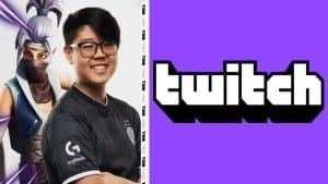 Логотип Twitch появляется на фиолетовом фоне, фотография игрока TSM, рядом появляется Ханада с персонажем Fortnite позади него.