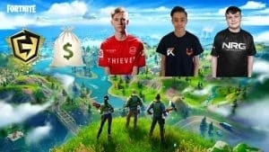 Three Fortnite characters stand on a hill, overlooking the game's map. The pro players MrSavage, Wolfiez and Benjyfish appear in the sky alongside the FNCS logo.