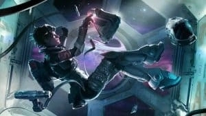 Apex Legends legend Horizon floats in her space ship while wearing an astronaut's suit but without the helmet on. Stars and the purple shades of the galaxy are in the view outside her window