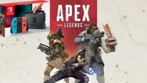 The Legends Bloodhound, Wraith and Gibraltar all stand with weapons drawn. The Apex Legends logo appears behind them, next to a Nintendo Switch console