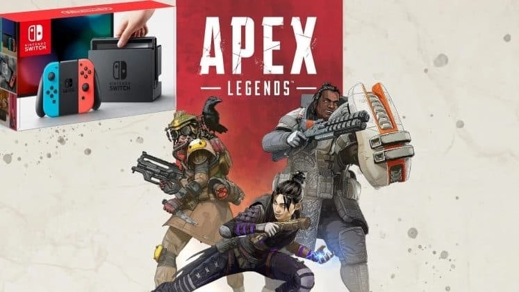 Legends Bloodhound, Wraith и Gibraltar стоят с оружием наготове.  Позади них появляется логотип Apex Legends, рядом с консолью Nintendo Switch.