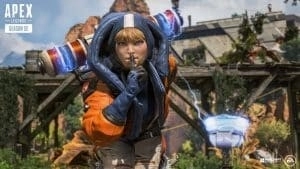 The Legend Wattson in her orange jumpsuit, leans forward with a finger pressed against her lips. The Apex Legends logo appears in the top left corner