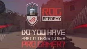 An in-game screen grab from CS:GO showing the player's view, the ROG Academy logo and the words 