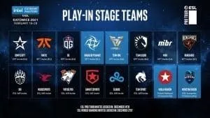 The logos of each of the teams taking the stage at the Play-Ins at IEM Katowice 2021