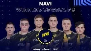 The roster of Natus`Vincere stand facing the camera in their team jerseys. The words 