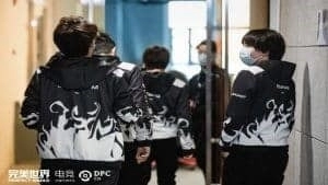 The members of Team Elephant walk toward the stage ahead of their match up against PSG.LGD