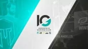 The letters IG are prominently displayed as the Immortals Gaming Club logo above logos of the organization's teams with an Immortals player and logo to the left covered in a blue hue and a stadium with a monitor showing OpTic wins in a dark shade