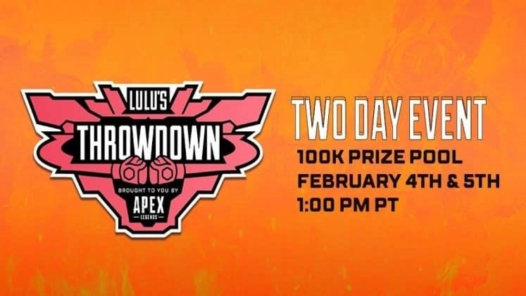 Логотип Lulu's Throwdown Tournament, сегментированный треугольный объект с двумя руками в боксерских перчатках, бьющих друг друга, появляется рядом со словами «Двухдневное мероприятие с призовым фондом 100 000 4 и 5 февраля, 13:00 по тихоокеанскому времени» на оранжевом фоне.