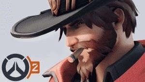 A photo showing a close up shot of Overwatch hero McCree's face with a full beard and cigar sticking out of his mouth. Also shown is an Overwatch 2 logo in the corner