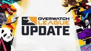 Various Overwatch League team mascots appear at the sides of the screen with the text 