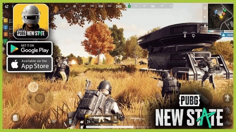 Скриншот из грядущей мобильной игры PUBG New State, на котором изображен игрок, управляющий солдатом, рядом с которым находятся другие.  Сбоку появляются логотипы Google Play и App Store.