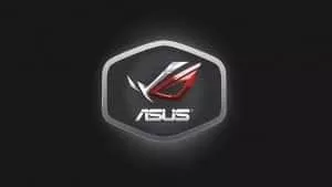 The ASUS ROG logo appears as a red, sharp eye-shaped shape under a white checkmark-looking shape over the word 